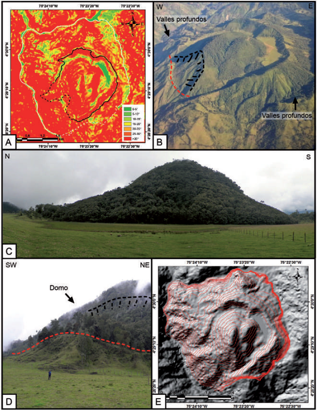A. Mapa de pendientes del VCM, L&iacute;nea blanca: delimitaci&oacute;n de la base el edificio volc&aacute;nico. L&iacute;nea negra: delimitaci&oacute;n del borde del cr&aacute;ter. B. Fotograf&iacute;a del VCM. L&iacute;nea roja punteada: abertura del cr&aacute;ter hacia el SW. L&iacute;nea negra punteada: cicatriz del domo. C. Domo intracrat&eacute;rico; n&oacute;tese la abundante vegetaci&oacute;n en el mismo. D. Representaci&oacute;n fotogr&aacute;fica de algunas estructuras evidentes del VCM. L&iacute;nea roja punteada: mont&iacute;culo encontrado en la base del cr&aacute;ter. L&iacute;nea negra punteada: corona generada en el domo intracrat&eacute;rico. E. Mapa de contornos cada 50 m del VCM para establecer los par&aacute;metros morfom&eacute;tricos como lo son el &iacute;ndice de elipticidad e irregularidad.