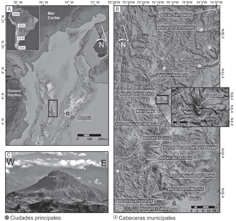 A. Localizaci&oacute;n de la Provincia Volcano Tect&oacute;nica San Diego - Cerro Mach&iacute;n en Colombia (recuadro negro). Note en la parte superior izquierda los segmentos volc&aacute;nicos de Los Andes Suramericanos; ZVN: Zona Volc&aacute;nica Norte, ZVC: Zona Volc&aacute;nica Centro, ZVS: Zona Volc&aacute;nica Sur, ZVA: Zona Volc&aacute;nica Austral. B. Volcanes pertenecientes a la Provincia Volcano Tect&oacute;nica San Diego - Cerro Mach&iacute;n. C. Volc&aacute;n Cerro Bravo (Imagen tomada de www.sgc.gov.co).