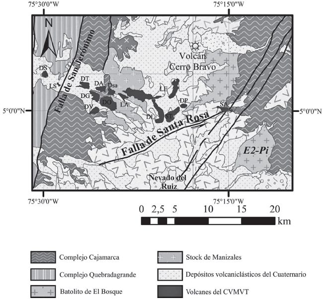 Mapa geológico de la zona de estudio. Plancha 5-09 a escala 1:500,000. Los polígonos de color azul representan los volcanes pertenecientes al CVMVT. Adaptado de Gómez et al. (2015). DS: Domo Sancancio, LS: Flujo de lava de Lusitania, DT: Domo Tesorito, DG: Domo Gallinazo, DV: Domo Victoria, DA: Domo Amazonas, DO: Domo La Oliva, DSa: Domo Sabinas, LN: Domo La Negra, LE: Domo La Esperanza, DL: Domo La Laguna, ST: Domo Santana, DP: Domo El Plato y SL: Domo San Luis.