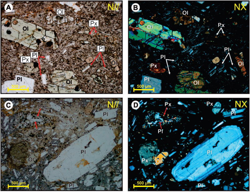Fotomicrografía de las rocas volcánicas de los domos La Negra, Amazonas y La Esperanza. N//: nícoles paralelos; NX: nícoles cruzados. A. y B. Fenocristales de olivino y plagioclasa; también se observan microfenocristales de piroxeno y plagioclasa en la matriz. C. y D. Fenocristal de plagioclasa y microfenocristales de piroxeno y olivino; además se observa textura cumulo porfirítica de piroxeno y plagioclasa. E. y F. Microcristales de olivino, plagioclasa y piroxeno en matriz microcristalina y vítrea. Modificada de Martínez et al. (2014). Abreviaciones: (Pl): Plagioclasa, (Px): Piroxeno, (Ol): Olivino.