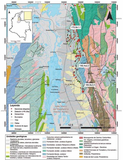 Mapa geológico generalizado de la Formación Noreán. Ubicación de secciones delgadas, muestras con litogeoquímica y dataciones radiométricas U-Pb en circón, analizadas en la región oriental. Modificado de: Clavijo et al. (1992), Royero et al. (1994), INGEOMINAS-UIS (2006b) y INGEOMINAS (2002a, 2002b). Nombres de fallas según: Velandia et al. (2017).
