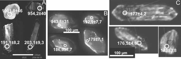 Imágenes de catodoluminiscencia de circones analizados. A. TCR-400 (IGM-901034) andesita porfídica. B. LMC-095 (IGM-901006) andesita. C. TCR-405 (IGM-901038) riolita. Círculos indican lugares de ablación. Los números al lado de los círculos son las edades en millones de años.