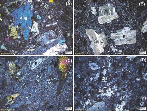 Características petrográficas de las rocas volcánicas de la Formación Noreán. A. Textura porfídica con fenocristales de plagioclasa (Pl) y augita (Aug) en andesita porfídica - IGM-901034. B. Textura porfídica con fenocristales de plagioclasa en matriz localmente fluidal en andesita porfídica - IGM-901006. C. Textura microporfídica con microfenocristales de plagioclasa en matriz felsítica y amígdalas rellenas de epidota (Ep) en dacita porfídica - IGM-401427. D. Textura porfídica y esferulítica con fenocristales de plagioclasa y feldespato potásico (Kfs) y microfenocristales de cuarzo (Qtz) en riolita - IGM-401441. Abreviatura de los minerales según Whitney y Evans (2010).