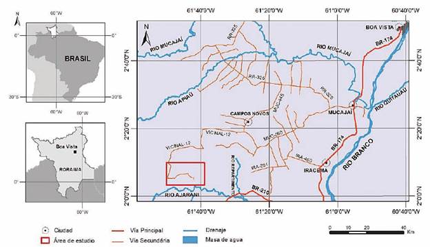 Mapa de localización del área de estudio con las principales vías de acceso y drenajes. En la izquierda mapas de Suramérica con destaque para Brasil y el estado de Roraima. En la derecha destaque de los municipios de Iracema, Mucajaí y Campos Novos con área de estudio de la Serra Repartimento en cuadro rojo.