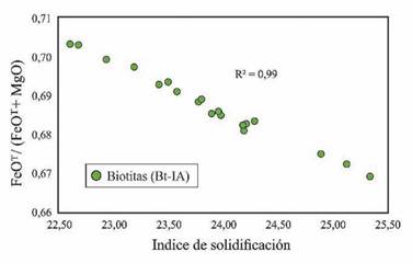 Diagrama de relación entre FeOT/(FeOT+MgO) de las biotitas primarias estudiadas de la SMRU y el índice de solidificación de la roca (IS). El IS es 100*MgO/(MgO+FeOT+Na2O+K2O), donde los óxidos están dados en porcentaje en peso (Speer, 1984).