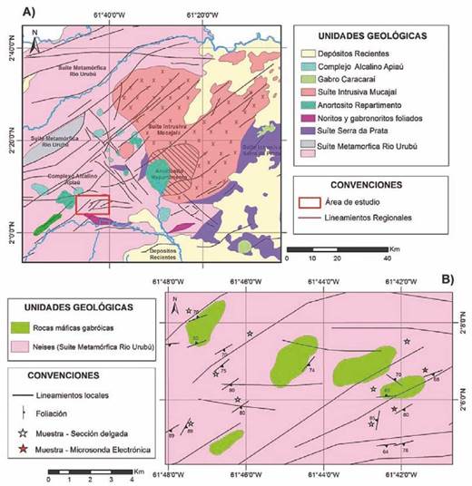 Litoestratigrafia del Domínio Guiana Central y Serra Repartimento. A. Mapa geológico regional con destaque del área de estudio, actualizado de Fraga (2002), Fraga et al. (2009a, 2009b), Costa et al. (2011), Heinonen et al. (2012), Tarazona (2015) y Figueiredo y Santos (2015). B. Mapa geológico de la Serra Repartimento producto del mapeamiento geológico realizado por Ballesteros-Camaro (2017).