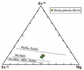 Diagrama ternario Fe3+-Fe2+-Mg2+ de Wones y Eugster (1965) para la estimación de las condiciones redox de cristalización de biotitas estrictamente primarias (Bt-IA) de la SMRU, junto con los tres campos de fugacidad de oxigeno delimitados: cuarzo-fayalita-magnetita (Fe2SiO4-SiO2-Fe3O4), oxido de Niquel-Niquel (Ni-NiO) y hematita-magnetita (Fe3O4-Fe2O3).