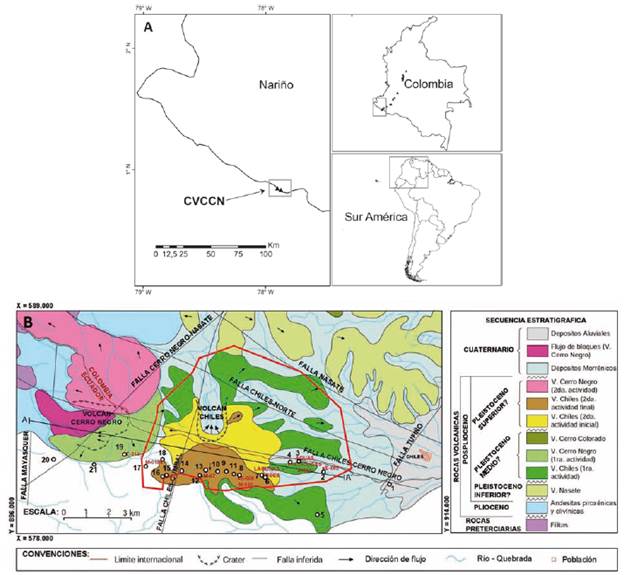 A. Mapa de localización con la ubicación del área de estudio (CVCCN). Triángulos negros: volcanes activos. B. Mapa geológico simplificado (modificado de Perdomo et al., 1986) de la región de los volcanes VC y VCN. Círculos negros numerados: Estaciones de Campo (García, 2016). Puntos rojos: Ubicación de manantiales (E-002, E-008, E019) y fuentes termales (Aguas Hediondas y Lagunas Verdes) y sitios de muestras con análisis petrográfico y químico (M-005, M-006, M-007 y M-008). Polígono rojo: Área de interés del Proyecto Geotérmico Binacional Tufiño Chiles Cerro Negro. Línea A-A': Dirección y extensión del perfil geológico mostrado en la FIGURA 8.