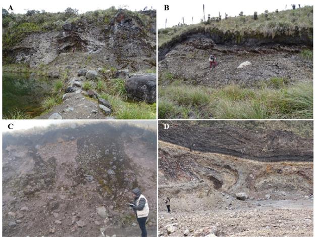 Fotos de afloramientos de depósitos. A. Posible depósito de lahar. B. Depósito glaciar (morrena). C. Depósito de talus.D. Depósito de corriente de densidad piroclástica.