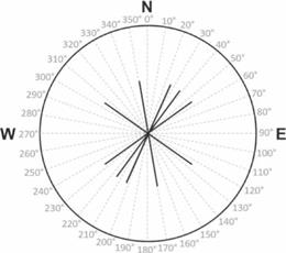 Diagrama rosa. Orientación de las estructuras medidas en seis afloramientos, se observa tendencia predominante SW-NE.