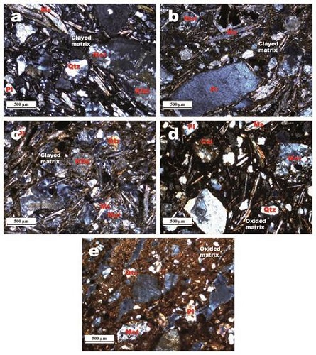 Microphotographs of thin sections of the analyzed pottery sherds of the A. red, B. gray, C. black, D. brown and E. reddish brown groups (polarized light, crossed polarizators, scale bar = 500 μm. Met, clast of metamorphic rock.