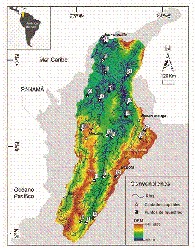 Esquema de la cuenca del río Magdalena y modelo de elevación digital (DEM) con la localización de los puntos de muestreo. 1, 2, 3, 4, 5, 6, 7 y 8: río Magdalena; 9 río Páez; 10 río Neiva; 11: río Coello; 12: río Sumapaz; 13: río Nus; 14: río Chicamocha; 15: río Suarez; 16: río Sogamoso; 17: río Cauca 01; 18: río Lebrija; 19 río Cauca 02; 20: río San Jorge; 21: río Cesar.