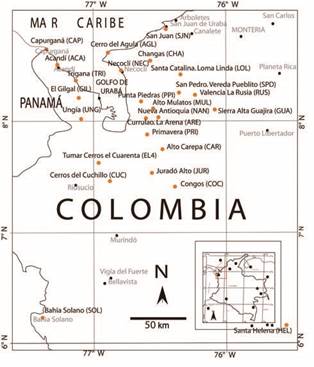 Localización del área de estudio (Cuenca de Urabá - cuadro inferior: rojo -) y disposición de las estaciones en la Red Sismológica RSN (puntos en color naranja).