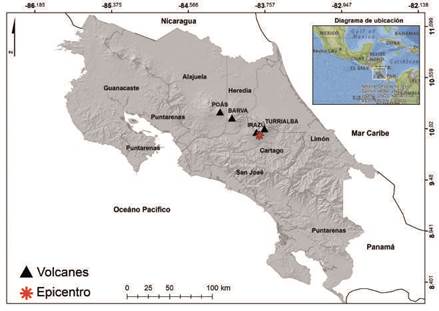 Localización del epicentro del sismo de Capellades, indicado por un asterisco de color rojo. Los volcanes Turrialba, división geográfica.