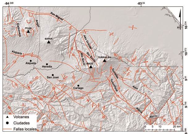 Principales estructuras tectónicas del centro del país identificadas a partir de Denyer et al. (2003), las fallas citadas en el texto aparecen señaladas en el mapa.
