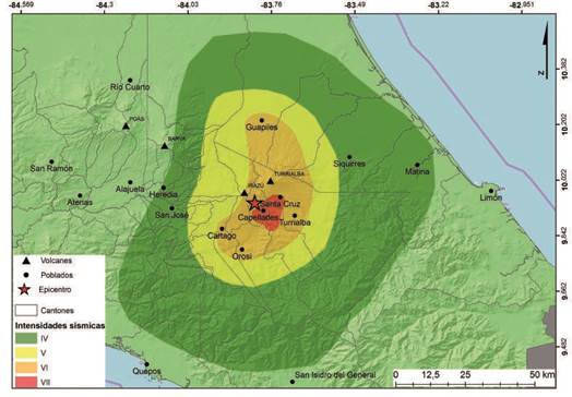 Intensidades macrosísmicas del sismo de Capellades del 30 de noviembre del 2016, 18:25 hora local. El epicentro se muestra con una estrella roja.