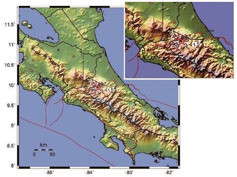 Aceleraciones pico para el sismo de Capellades del 30 de noviembre de 2016, indicadas por porcentaje de la gravedad (%g). El cálculo de la aceleración se realizó usando el paquete SHAKEMAP (Wald et al., 2005). Los triángulos de color rojo y amarillo corresponden a las estaciones sísmicas. La imagen superior derecha muestra un zoom de Batán de Limón, representado por una estrella verde, donde se registró un PGA menor a 1%g.