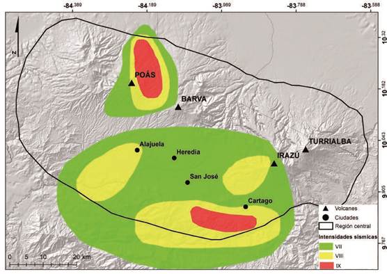 Mapa de intensidades mayores a VII en el centro de Costa Rica, considerando terremotos superficiales desde 1950 hasta el 2012 (Guendel, 1986). Las Intensidades en la Escala Mercalli Modificada (IMM) están mostradas por los numerales del VII al IX. Algunos de los sismos históricos, están asociadas a fallas inferidas o mapeadas en Montero (1999); Alvarado et al. (1988) y Denyer et al. (2003) y tienen entre 7 y 25 km de largo; con capacidad de generar sismos de magnitud entre Mw = 6,1y Mw = 6,8 (Wells y Coppersmith, 1994).