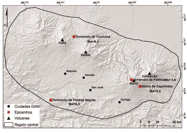 Ubicación de los epicentros de los cuatro terremotos más recientes que han afectado la región central de Costa Rica, se aprecia que tres de ellos tuvieron su origen cerca de estructuras volcánicas, tales como los volcanes Poás, Irazú y Turrialba.