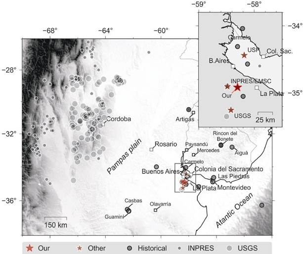 Distribution of earthquakes according to the different sources (USGS catalog since 1900, INPRES since 1692) and historical (different sources) in the Rio de la Plata region between the Buenos Aires Province (Argentina) and Uruguay and offshore. Col. Sac.: Colonia del Sacramento.