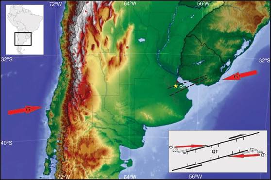Schematic spatial relationship between the current Andean stress, the November 30th earthquake (yellow star) and the QT. Red solid arrows show the generalized orientation of the maximum horizontal Andean stress, and black dashed lines indicate the approximate location of the QT. Open arrows on-shore indicate extension NW-SE. Inset: partitioning of the horizontal principal maximum stress vector (σ1) and the compressive orthogonal compound (CC) and transcurrent parallel compound (TC).