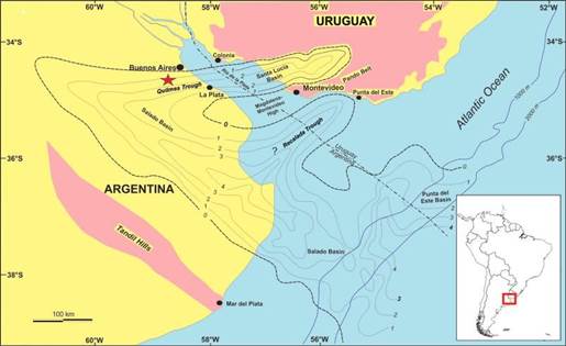 Location of the Quilmes and Recalada troughs and their relationships with the Salado and Santa Lucía basins with schematic isopach map of meso-cenozoic records (based on Rossello et al., 2011). The red star schematizes the position of the epicenters for N30.