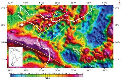 Map of the Rio de la Plata and adjacent areas from a Bouguer anomaly grid in the onshore and free air anomaly in the offshore (data from Bureau Gravimétrique International) and the 30th November 2018 earthquake (white star). QT: Quilmes Trough, RT: Recalada Trough, MMH: Montevideo-Magdalena High; SLB: Santa Lucia Basin; PB: Pando Belt, and SB: Salado Basin. The gray dashed line indicates the position of the international border between Argentina and Uruguay. The yellow dashed lines indicate approximated meso-Cenozoic trough boundaries (taken from Rossello et al., 2018).