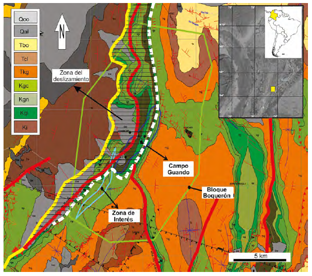 Localizacin del campo Guando en el VSM sobre un mapa geolgico regional. Zona con rayado horizontal indica afloramientos disturbados por el deslizamiento gravitatorio a partir de la cabecera (lnea punteada blanca) y el lmite occidental (Lnea amarilla). La lnea roja indica el afloramiento de los cabalgamientos (tomado de Rossello y Saavedra, 2016). Ki: Formacin Yavi; Kgl: F: Formacin Caballos, Kgn: Grupo Villeta, Kgc: Formacin Monserrate, Tkg: Formacin Guadala, Tcl: F. Barzalosa, Tbo: F. Orteguaza, Qal: Depsitos aluviales, Qoo: Sedimentos actuales (Cossio et al., 1995).