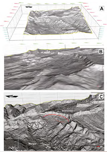 Esquemas topogrficos del deslizamiento de Guando a partir de modelos digitales de imgenes satelitales SRTM con una definicin de 12,5 m de pixel. A. Vista 3D hacia el Este. B. Vista rasante hacia el Norte. C. Vista ms cercana hacia el Este con indicacin del sector ocupado por el deslizamiento.