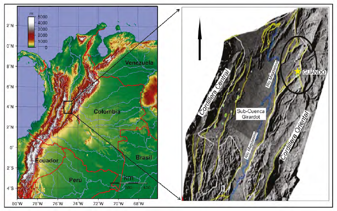 Localizacin del Campo Guando (estrella amarilla) perteneciente a la Sub-Cuenca Girardot del Valle Superior del Magdalena (Tolima, Colombia).