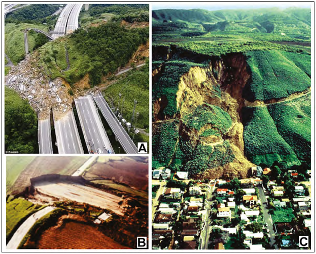 Ejemplos clsicos de deslizamientos gravitatorios rpidos. A. Sobre una autopista de Taiwn. B. Deslizamiento La Conchita, California del 4 de marzo del 1995 (tomados de Girty, 2009). C. Deslizamiento traslacional controlado por un plano de estratificacin pre-existente de Murazzano, Italia (tomado de Hungr et al., 2013).