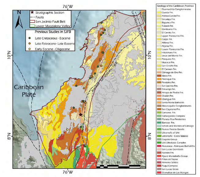 Geological map of the San Jacinto Fault Belt, the Sin Fold Belt and Lower Magdalena Valley Basin. The location of previous studies on the Late Cretaceous – Eocene (Mora et al., 2017b), Late Paleocene – Late Eocene (Cardona et al., 2012), Early Eocene – Oligocene (Osorio-Granada et al., 2020) sediments and the stratigraphic section are also included.