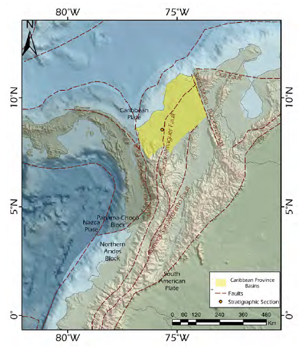 The North Andean Block with the Caribbean Province Basins (SJFB and LMVB), regional faults and the stratigraphic section location (modified after Cediel et al., 2003; Corts and Angelier, 2005; Villagmez and Spikings, 2013; Caballero et al., 2016).