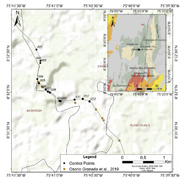 Data and samples collection control points for the stratigraphic section, geologic province of the Sin-San Jacinto Basin and Lower Magdalena Valley Basin.