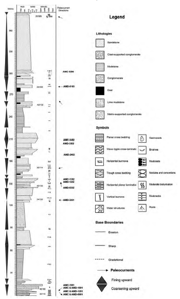 Integrated stratigraphic section with samples location, bed attitude and paleocurrent directions. Supplementary material.