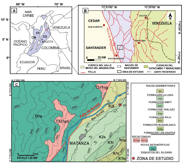 A-B. Localizacin de la seccin estudiada. CO-Cordillera Oriental, CC-Cordillera Central, CW-Cordillera Occidental. Zona de estudio en el recuadro. C. Mapa geolgico del rea de estudio (modificado de Ward et al., 1977).