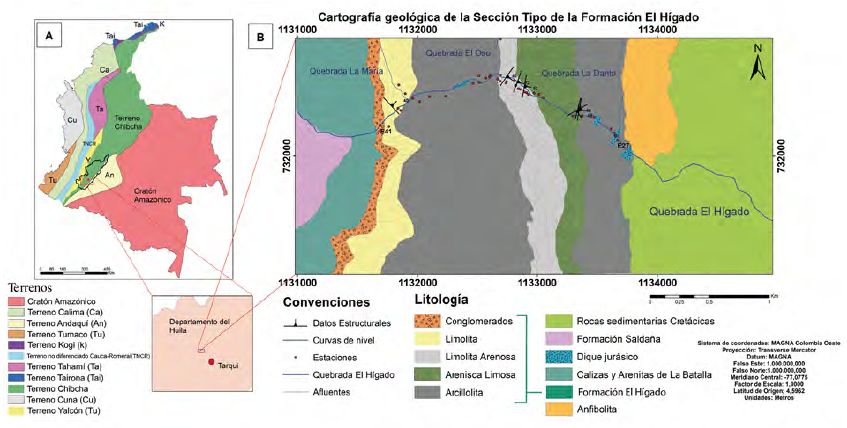 A. Distribuci�n de terrenos tect�nicos en Colombia seg�n Restrepo y Toussaint (2020). B. Mapa geol�gico de los 8 km2 que comprenden el trayecto de la Quebrada El H�gado donde aflora la secci�n trabajada.