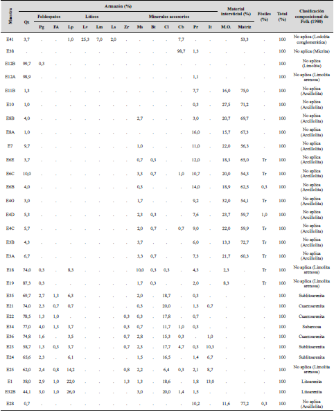 Porcentaje de los componentes identificados en cada secci�n delgada estudiada mediante la cuantificaci�n petrogr�fica.