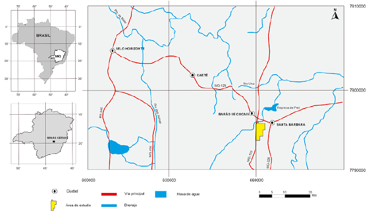 Mapa de localizaci�n del �rea de estudio con resalte en pol�gono amarillo con las principales v�as de acceso y drenajes. En la izquierda el mapa de Brasil con destaque del estado de Minas Gerais. En la derecha destaque de la ciudad de Belo Horizonte (capital del estado) y los municipios de Caet� y Bar�o de Cocais.