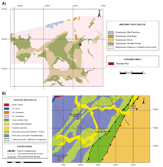Litoestratigraf�a del Cuadril�tero Ferr�fero y �rea de estudio. A. Mapa geol�gico regional indicando el �rea de estudio. B. Mapa geol�gico del dep�sito Pilar (Silva, 2007).