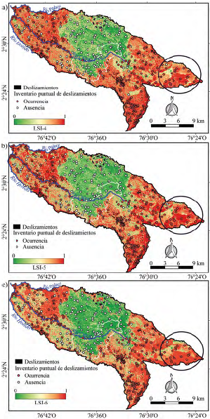 Mapas de susceptibilidad por movimientos en masa para la Propuesta 2: (a) Modelo RL; (b) Modelo MLP; (c) Modelo DNN. El c�rculo discontinuo se�ala los dep�sitos coluviales, mientras que el c�rculo continuo se�ala la zona con mayor diferencia con respecto a la Propuesta 1 y el m�todo WoE.