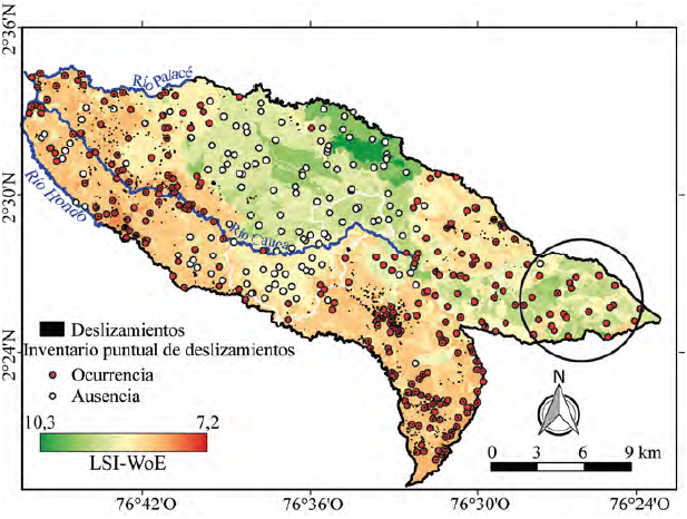 Mapa de susceptibilidad por movimientos en masa elaborado con el m�todo WoE, seg�n la metodolog�a del Servicio Geol�gico Colombiano. El c�rculo continuo indica la zona con mayor diferencia con respecto a la Propuesta 2.