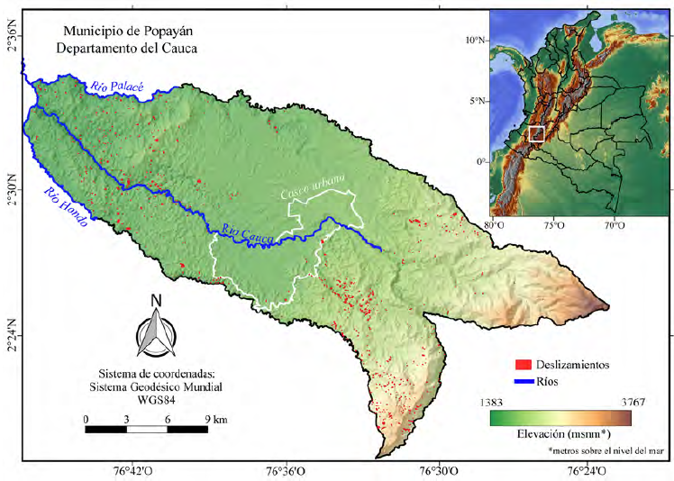 Localizaci�n del �rea de estudio y del inventario de deslizamientos.