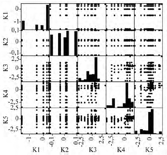 Matriz de dispersi�n para las variables K1, K2, K3, K4, K5. En la diagonal se muestra el histograma para cada variable.