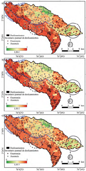 Mapas de susceptibilidad por movimientos en masa para la Propuesta 1: (a) Modelo RL; (b) Modelo MLP; (c) Modelo DNN. El c�rculo discontinuo indica la zona con mayor diferencia entre los tres modelos, mientras que el c�rculo continuo indica la zona con mayor diferencia con respecto a la Propuesta 2.