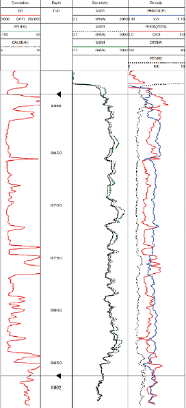 Registros tpicos de la unidad San Fernando en el Pozo Y, con su tope y base marcados en la columna de profundidad. Por encima del tope se observa una porcin anmala en los registros de porosidad (PHIN), densidad (RHOB) y PEF. Esta porcin de los registros se omite ms adelante para no ingresar valores invlidos en el set de entrenamiento.