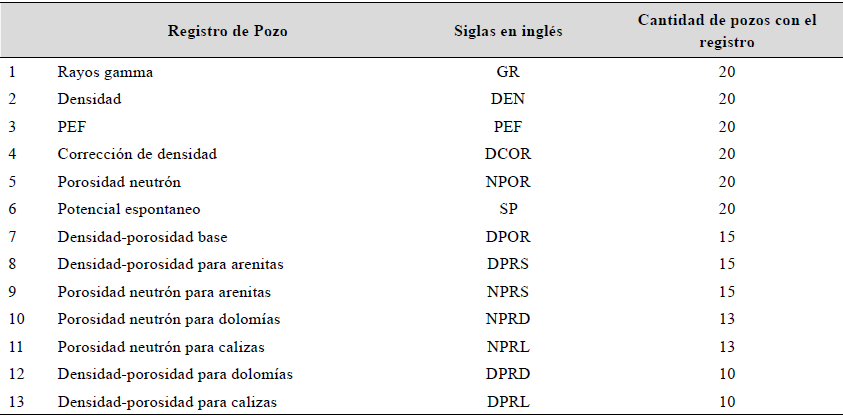 Registros disponibles para el estudio y la cantidad de pozos que los contienen.