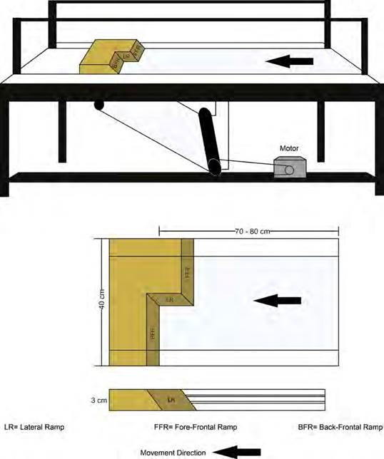 Scheme of subduction-type table. The figure shows Top and lateral views of the general configuration, considering a system involving lateral and frontal ramps. The top view shows the disposition of a wood block, where are differenced each ramp. The lateral view shows the pulley system used to displace the base of paper; moreover, it shows the two vertical glasses on the table.