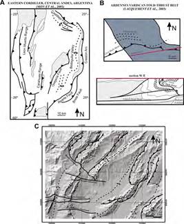 Examples of natural transverse zones with lateral ramps: A. Structural map of the north of eastern Cordillera, Central Andes of Argentina, indicating two lateral or oblique ramps associated with Rearte Fault in the south and Castillejo Fault in the north (modified from Mon et al., 2005). B. Longitudinal section of the Ardennes Variscan fold-thrust fault over a lateral ramp of the Meuse Valley Recess, indicating the interpretation of the Givet back-thrust (modified from Lacquement et al., 2005). C. DEM of the Zipaquira Anticline in the Eastern Cordillera of Colombia. The Zipaquira Anticline is defined by two different folds separated by a transverse fault (García and Jiménez, 2016).