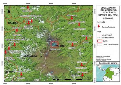 Ubicación del Complejo Volcánico Nevado del Ruiz. Imagen Sentinel A2 de USGS https://earthexplorer.usgs.gov/. Datos de municipios tomados de Instituto Geográfico Agustín Codazzi (IGAC).